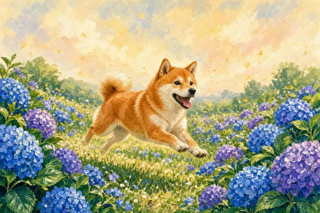 Gouache Botanical Meadow with Playful Shiba