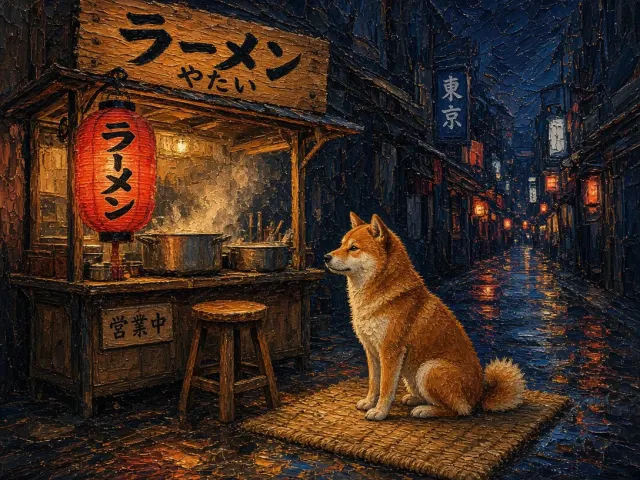 Lantern-Lit Ramen Cart Companion Oil Painting
