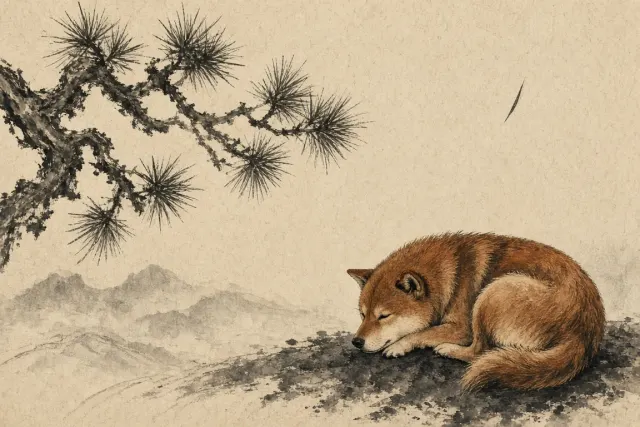 Sumi-e Ink Wash Painting of Shiba in Solitude