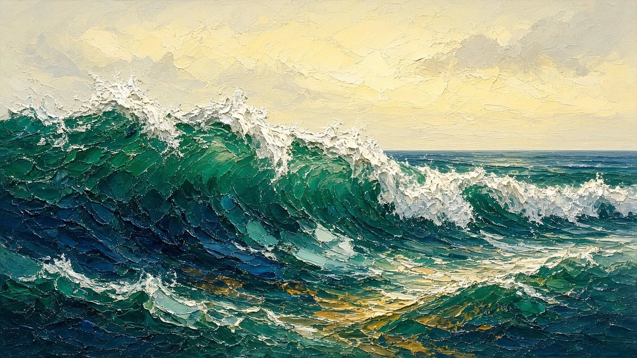 Thick Impasto Emerald Swell with Sculpted Palette Knife Froth
