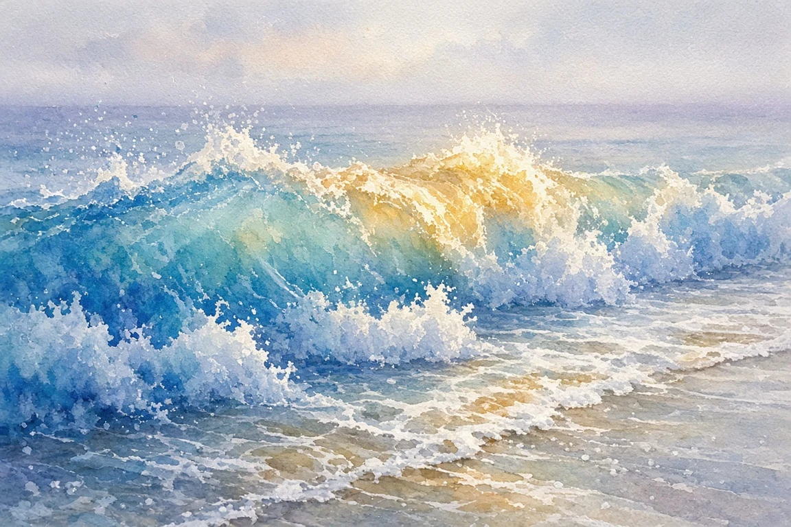Luminous Wet-on-Wet Watercolor of Sunlit Shoreline Breakers