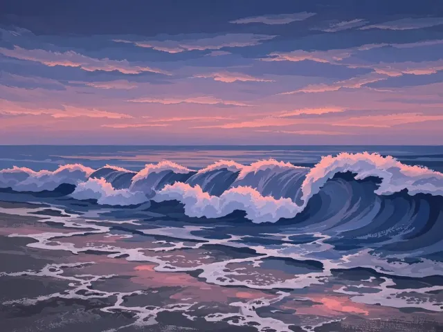 Matte Gouache Twilight Shorebreak with Velvet Horizon