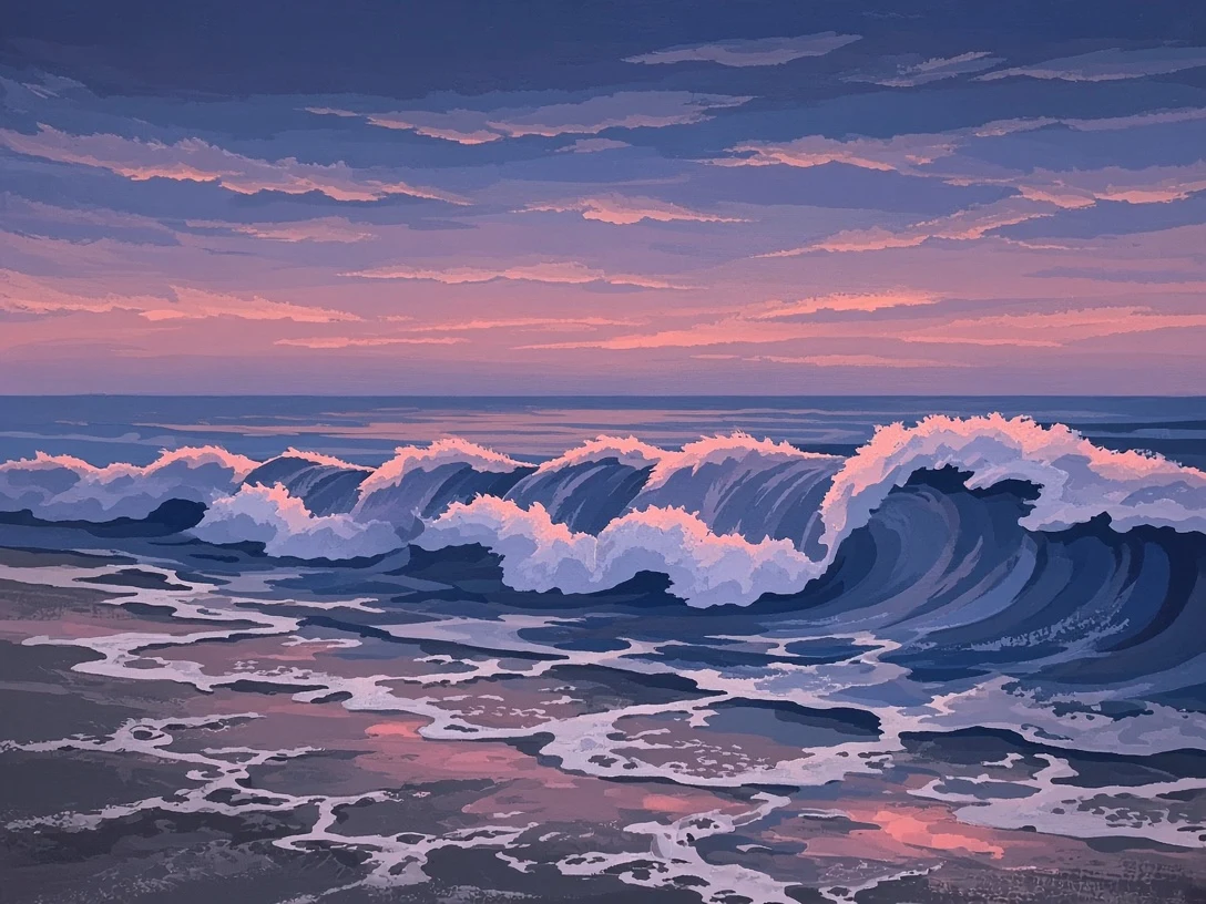 Matte Gouache Twilight Shorebreak with Velvet Horizon
