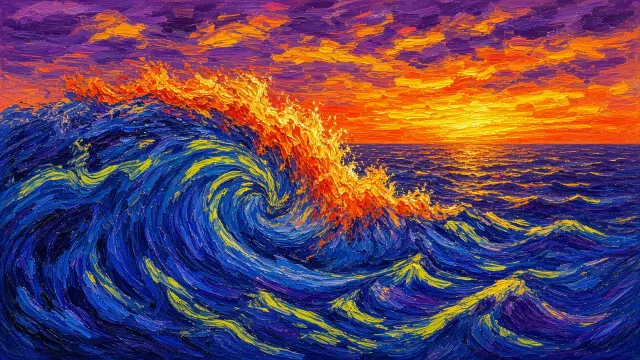 Post-Impressionist Sunset Swell with Spiraling Coarse Brushwork