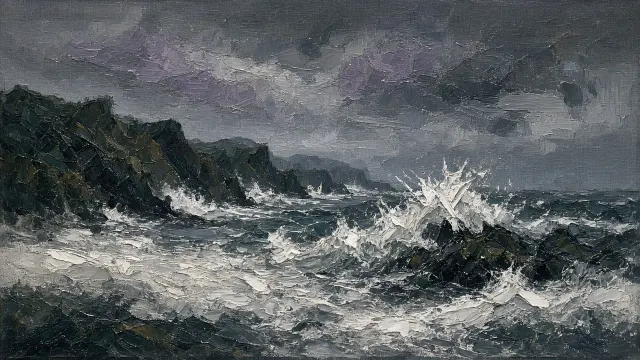 Atmospheric Palette Knife Coastal Tempest on Coarse Linen