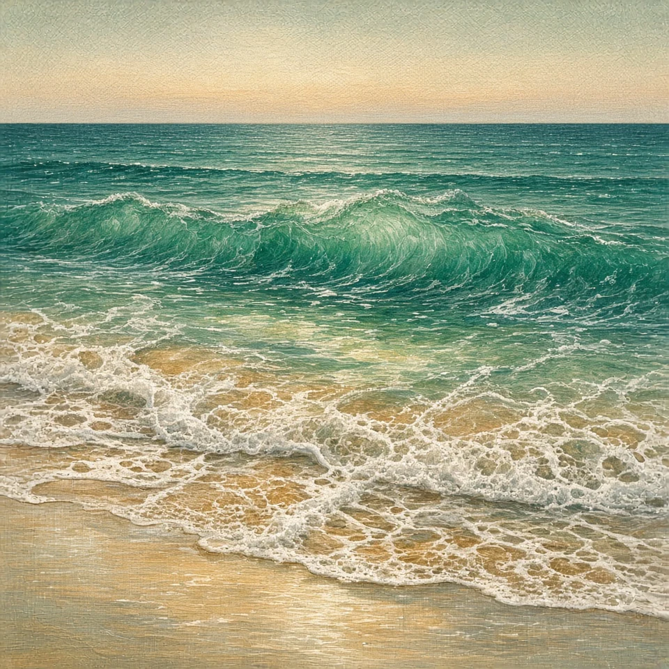 Egg Tempera Coastal Wavelets with Luminous Linear Hatching