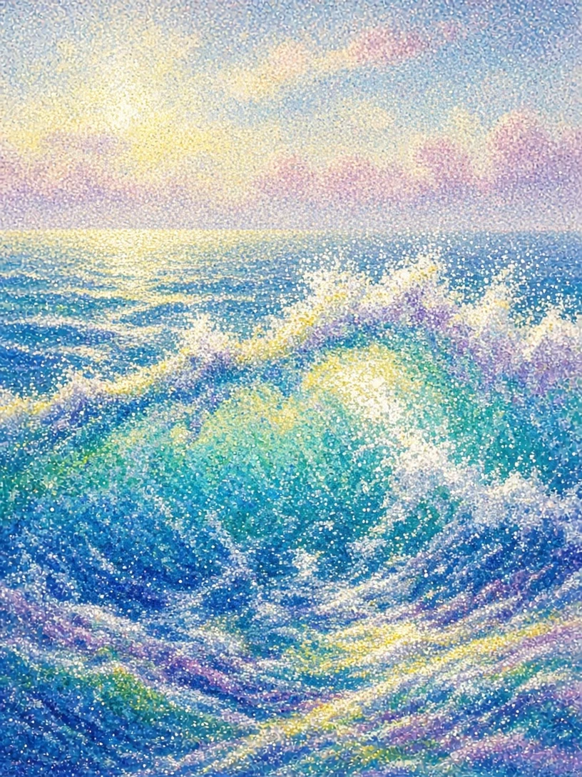 Pointillist Oceanic Surge with Luminous Optical Vibration