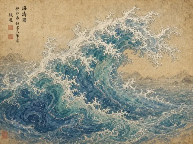 Gongbi Fine-Line Silk Painting of Rhythmic Ocean Tendrils