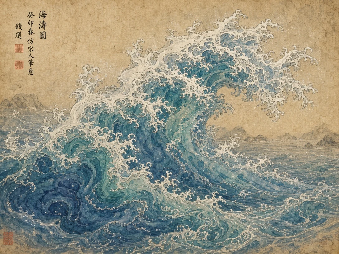 Gongbi Fine-Line Silk Painting of Rhythmic Ocean Tendrils