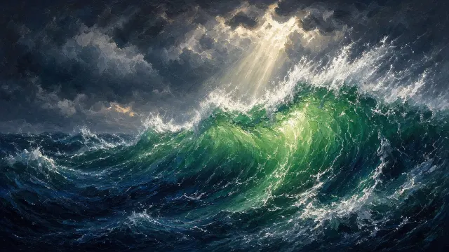 Panoramic Open-Ocean Tempest with Translucent Emerald Wall