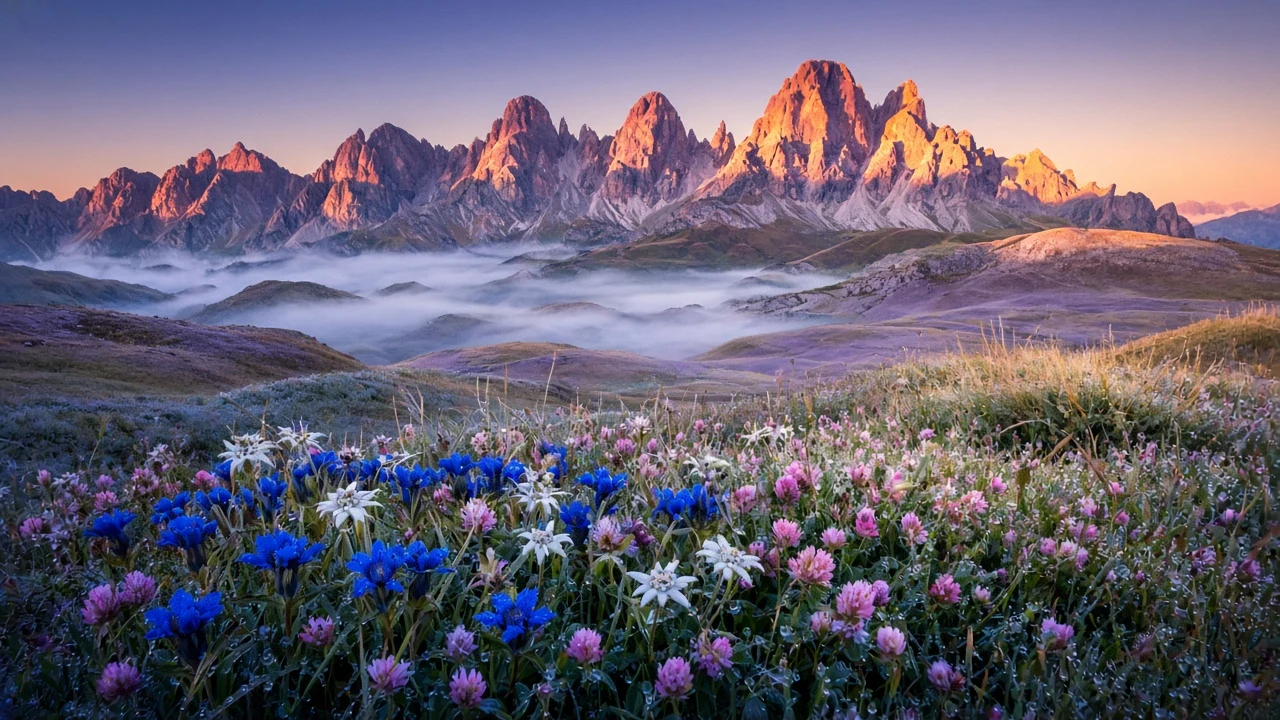 Dolomite Alpine Wildflower Meadow at Rosy Alpenglow Dawn