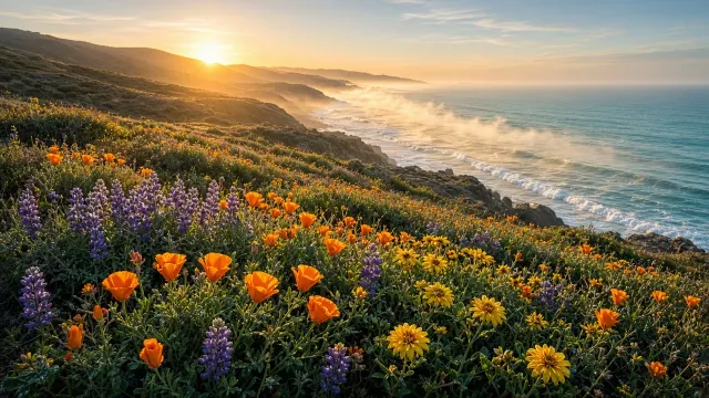 California Coastal Bluff Wildflower Meadow at Golden Sunrise