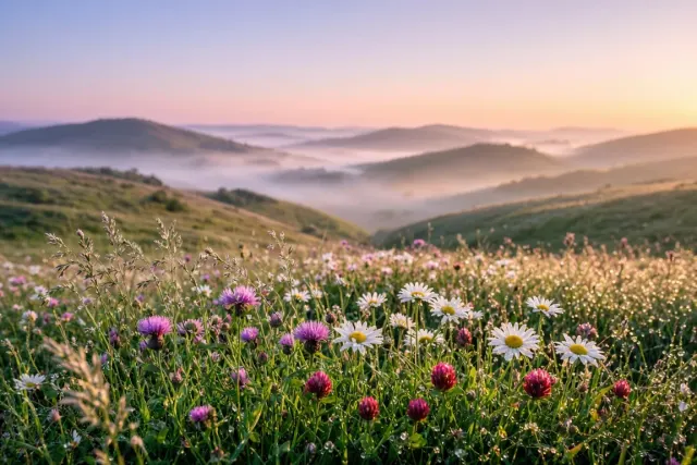 Pastel English Chalk Downland Meadow with Oxeye Daisies at Daybreak