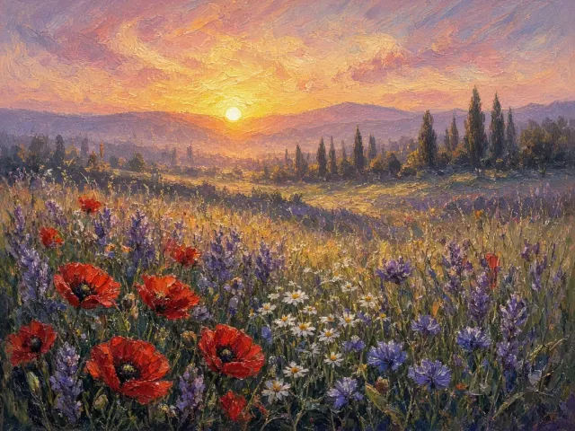 Impressionist Provencal Poppy and Cornflower Meadow at Sunrise
