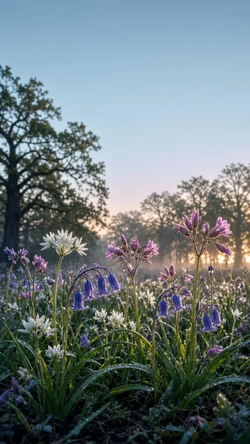 Dewy Woodland Margin Bluebells and Campion at First Morning Light