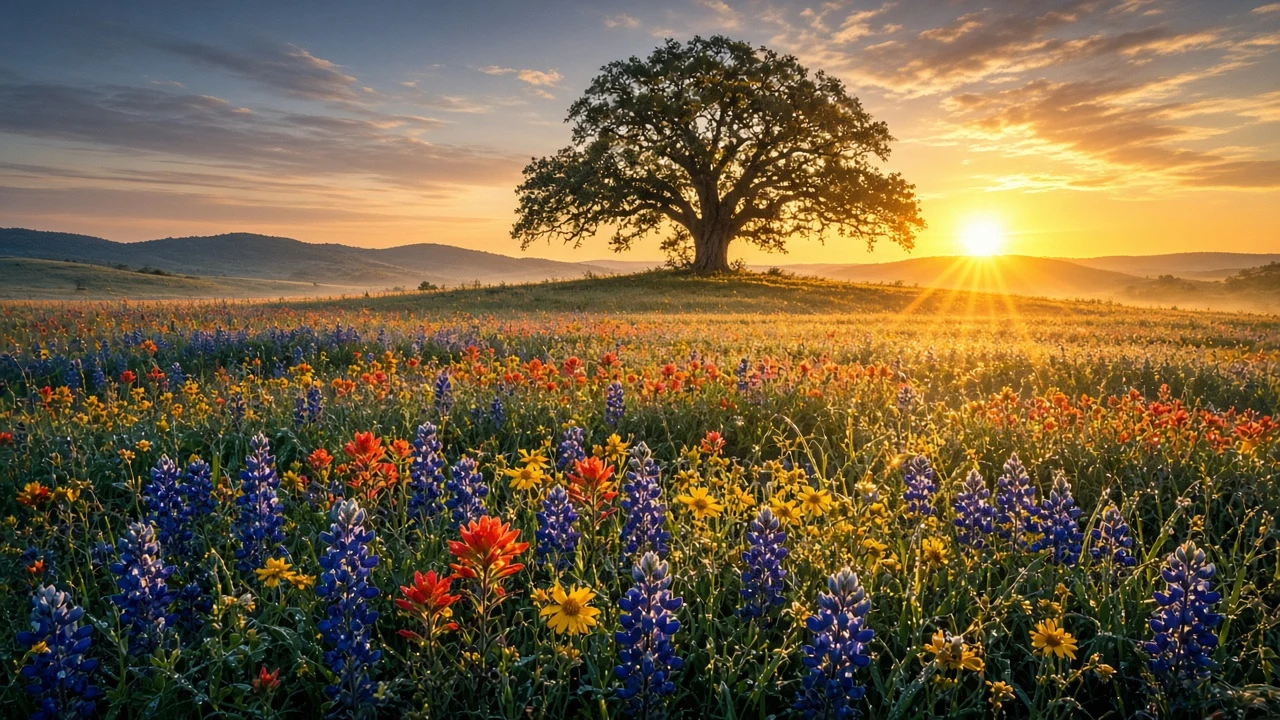 Texas Hill Country Bluebonnet and Paintbrush Meadow at Sunup