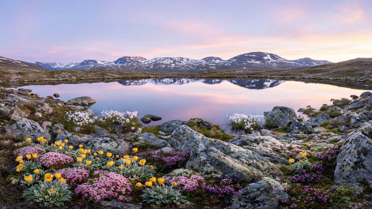 Subarctic Tundra Meadow with Arctic Poppies at Scandinavian Dawn