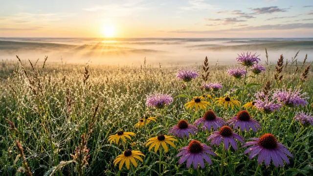 Midwest Tallgrass Prairie Meadow with Sunbeams and Purple Coneflowers