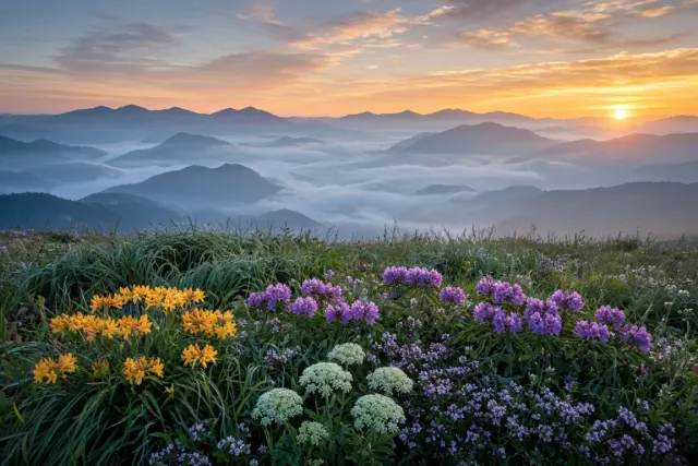 Appalachian Mountain Bald Meadow over Inversion Fog at First Light