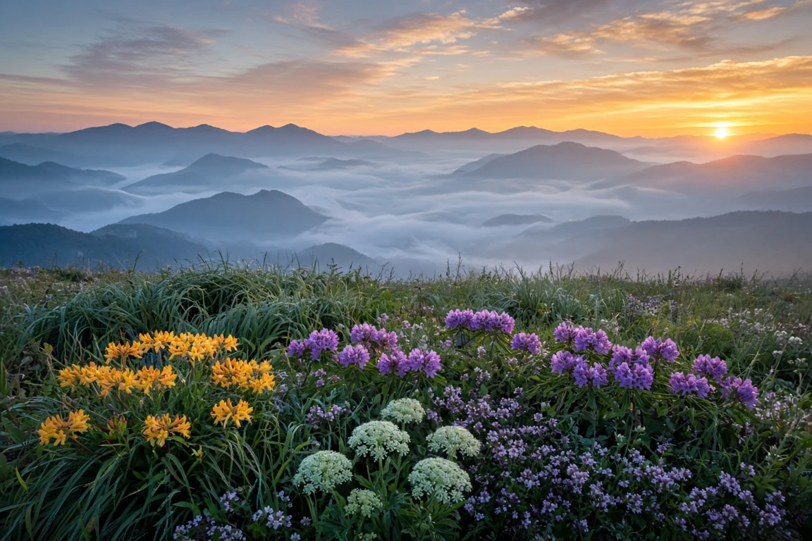 Appalachian Mountain Bald Meadow over Inversion Fog at First Light