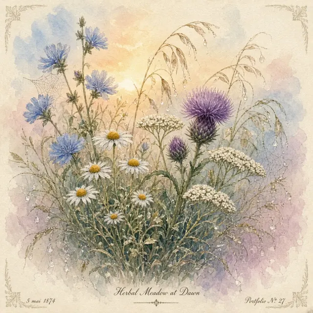 Botanical Gouache Illustration of Wild Chicory and Chamomile at Dawn