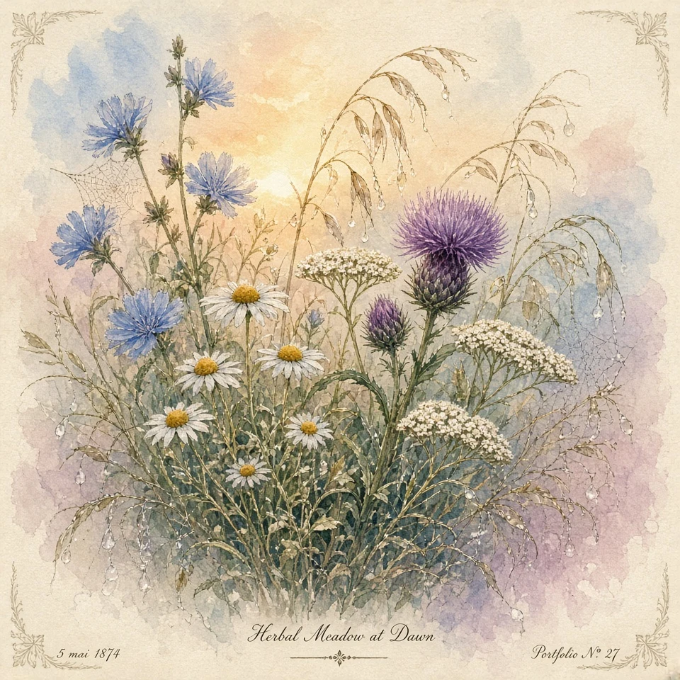 Botanical Gouache Illustration of Wild Chicory and Chamomile at Dawn