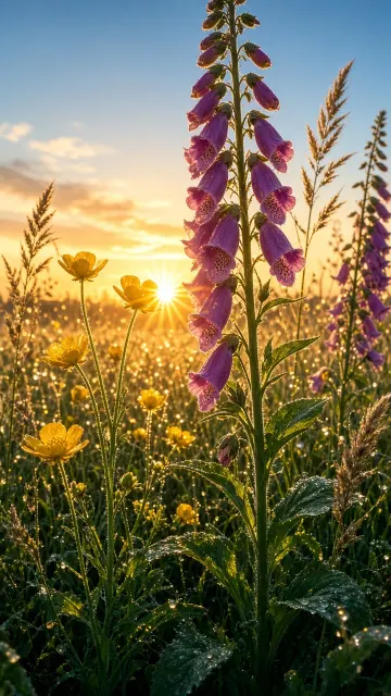 Vertical Ground-Level View Through Foxgloves Toward Golden Dawn