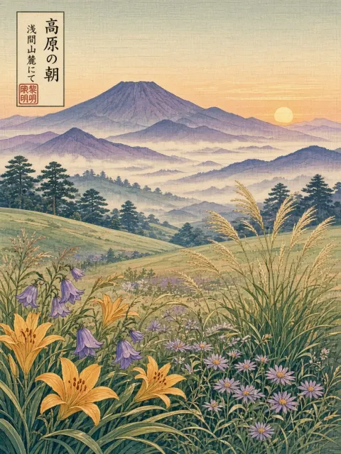 Woodblock Style Highland Meadow with Daylilies and Morning Mist