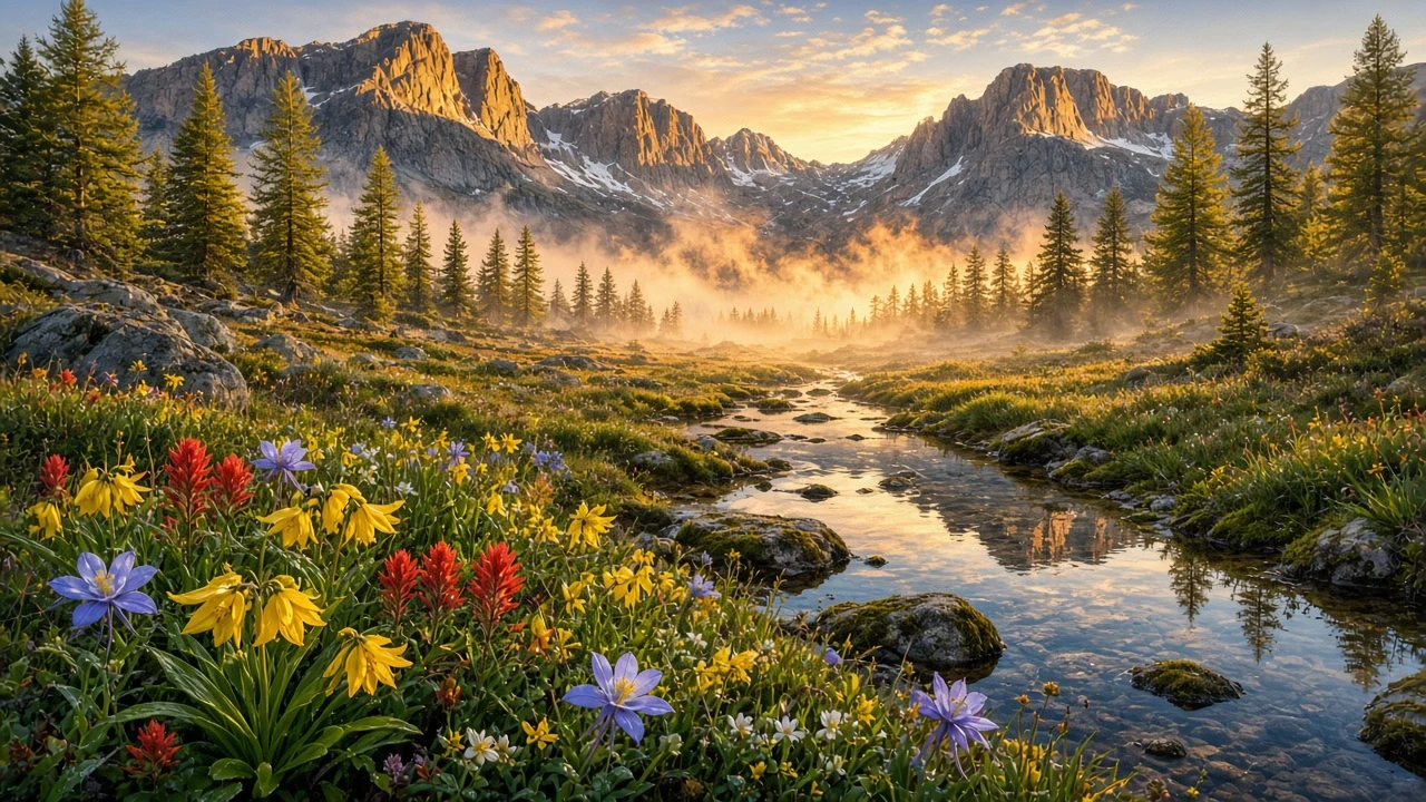 Rocky Mountain Columbine Basin Meadow Beside Meandering Alpine Stream