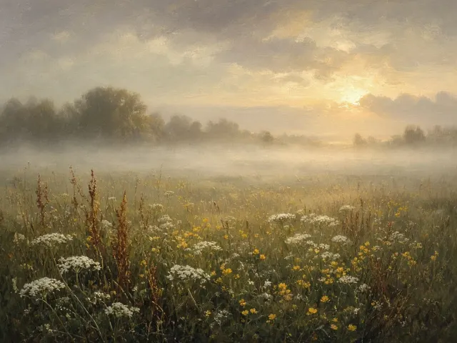 Tonalist Oil Painting of Misty Pasture Meadow with Queen Anne's Lace