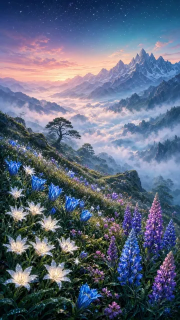 Ethereal Mountain Meadow Fantasy Artwork at Astronomical-Civil Twilight