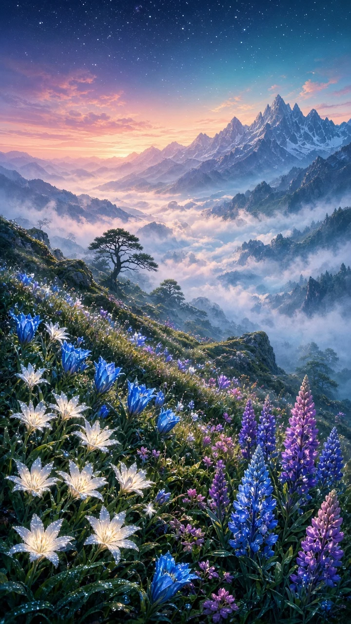 Ethereal Mountain Meadow Fantasy Artwork at Astronomical-Civil Twilight