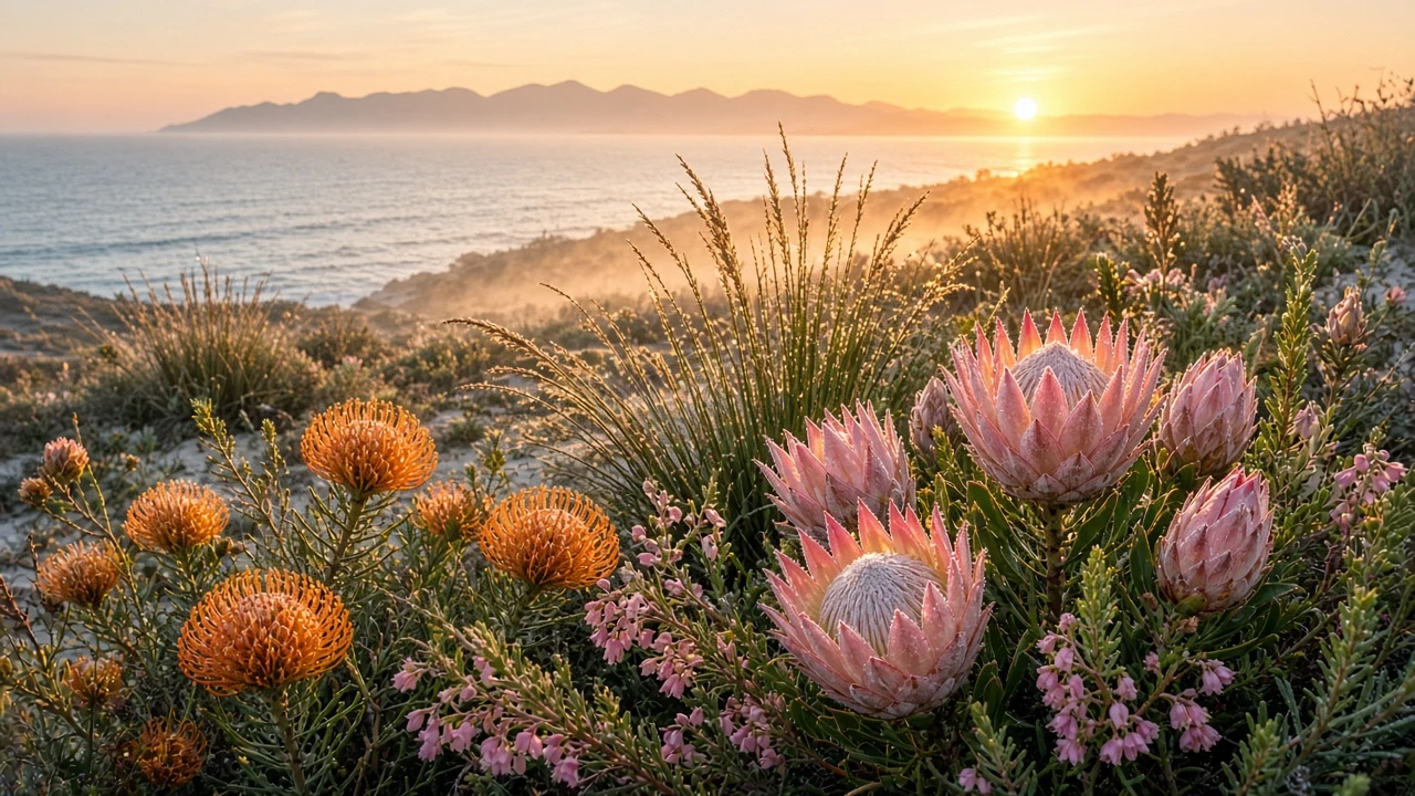 South African Fynbos Coastal Meadow with Proteas in Morning Light