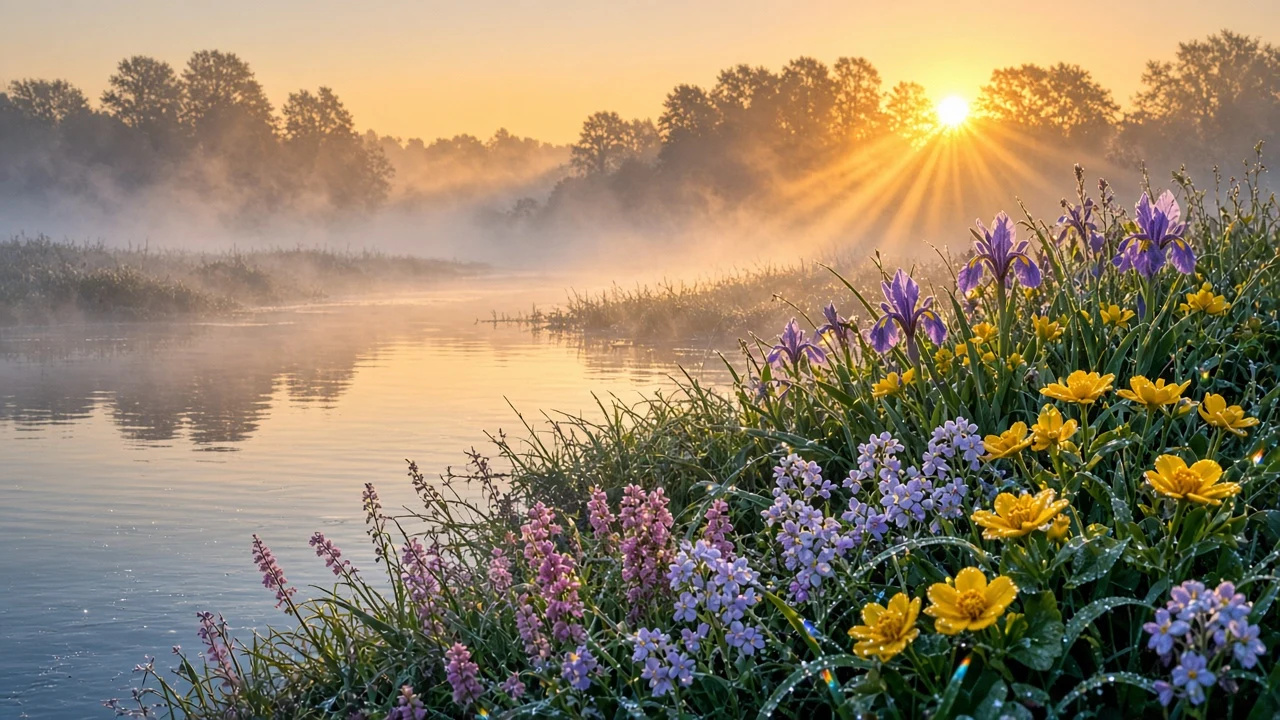 Alluvial River Floodplain Meadow with Marsh Marigolds in Steam Mist