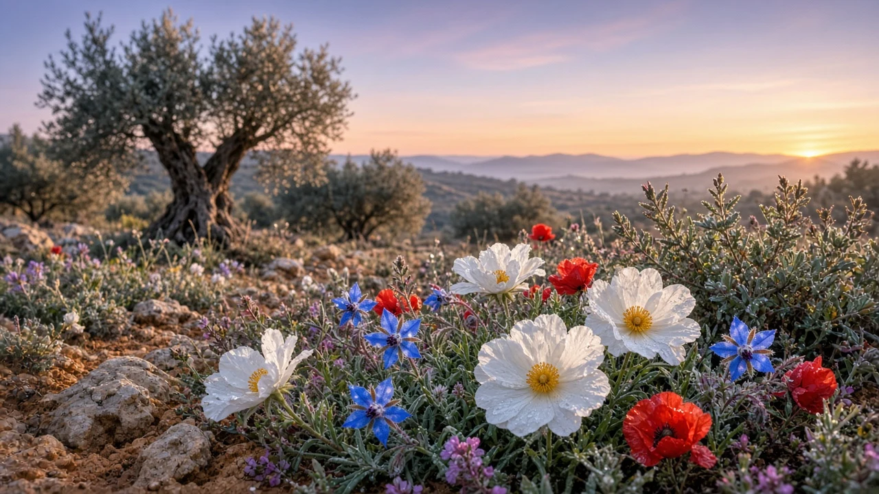 Mediterranean Garrigue Wildflower Clearing with Olive Trees at Dawn