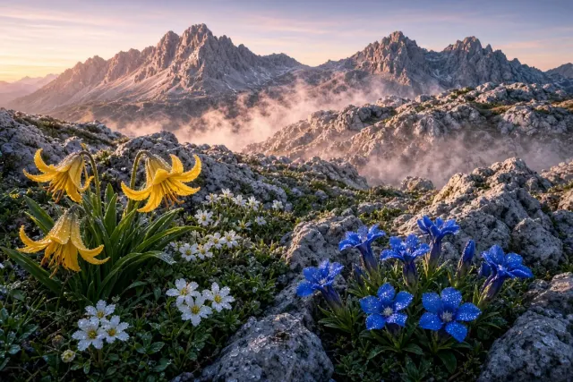 Pyrenean Limestone Alpine Meadow with Pyrenean Lilies at First Ray