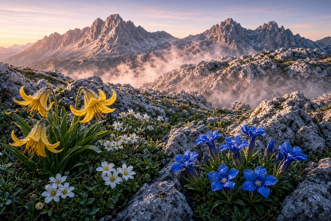 Pyrenean Limestone Alpine Meadow with Pyrenean Lilies at First Ray