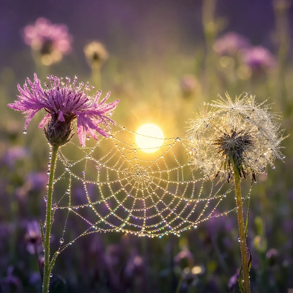 Macro Dewdrop-Laden Spiderweb on Ragged Robin at Golden Sunrise