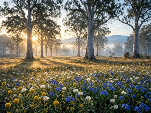 Australian Subalpine Meadow with Billy Buttons and Ribbon Gums