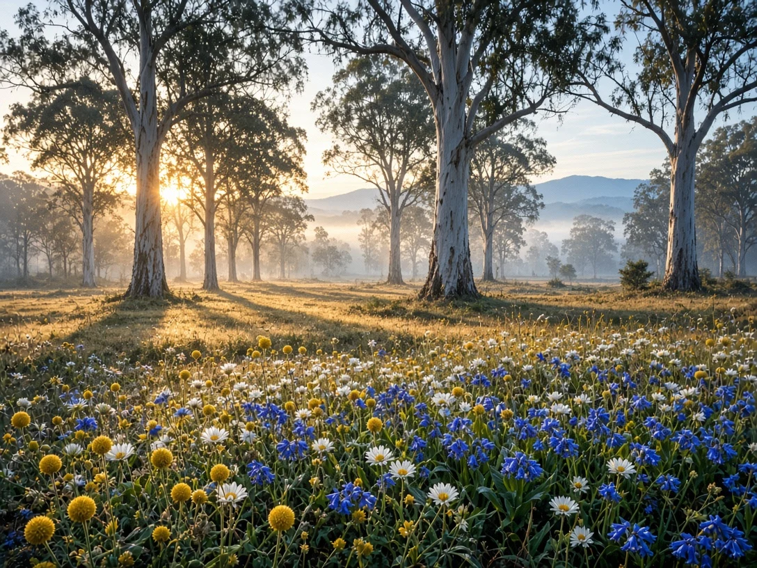 Australian Subalpine Meadow with Billy Buttons and Ribbon Gums