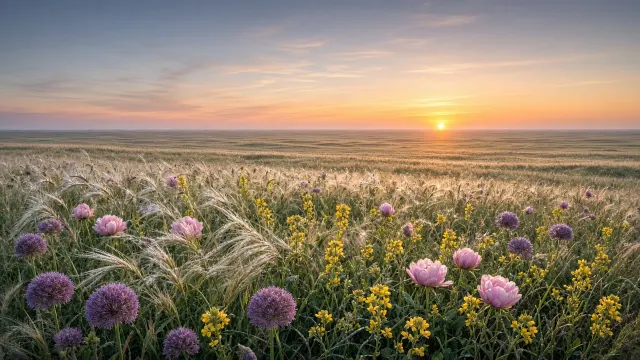 Boundless Eurasian Steppe Meadow with Wild Alliums at Vast Daybreak