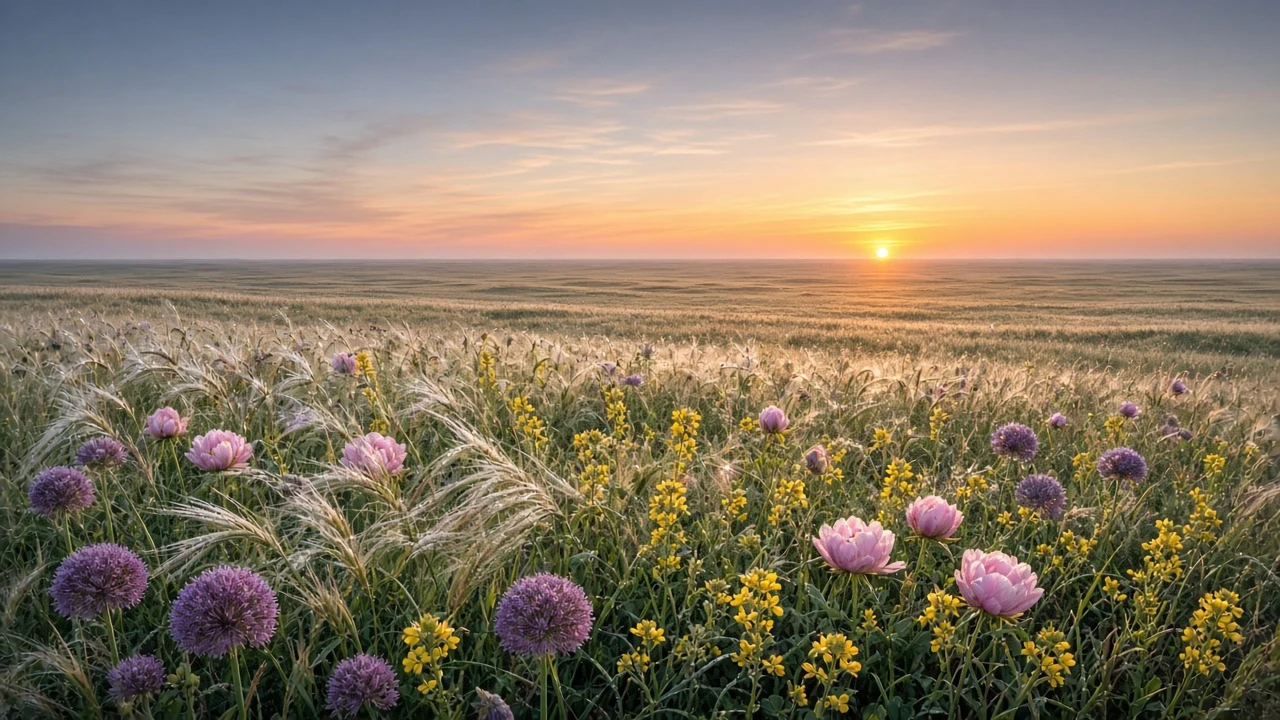 Boundless Eurasian Steppe Meadow with Wild Alliums at Vast Daybreak