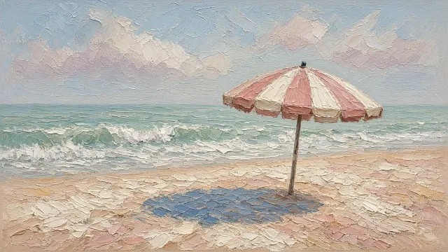 Retro Striped Beach Umbrella Impasto on Coarse Linen
