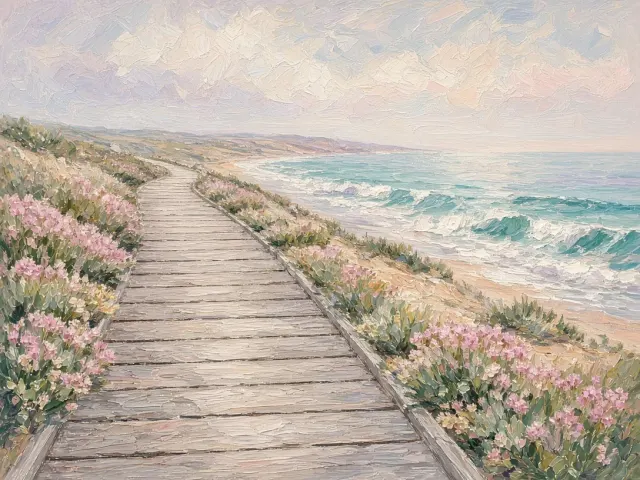 beach path image example: Weathered Wooden Boardwalk Leading to a Lavender Shore
