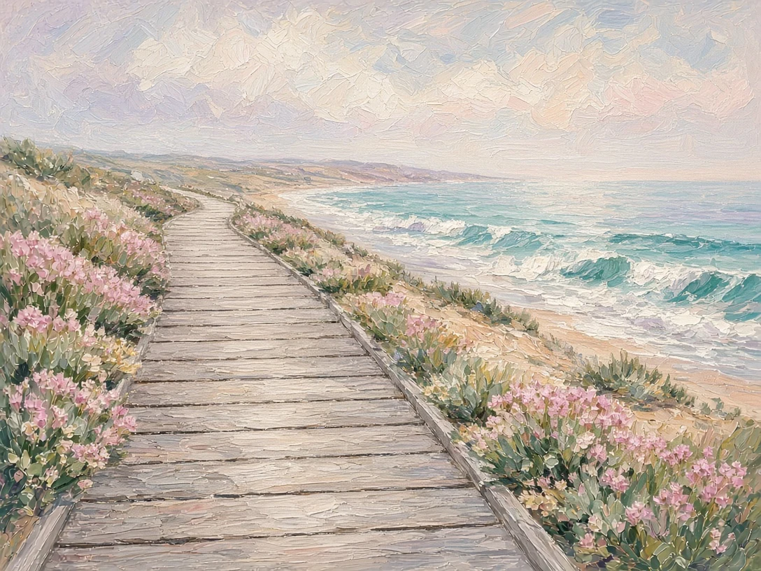 Weathered Wooden Boardwalk Leading to a Lavender Shore