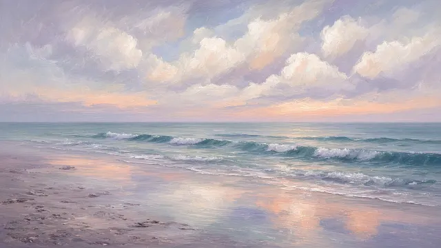 Panorama of Pastel Sea Horizon Under Mother-of-Pearl Clouds