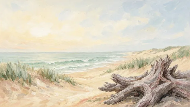 Sunlit Driftwood on Sandy Shore in Scumbled Acrylic