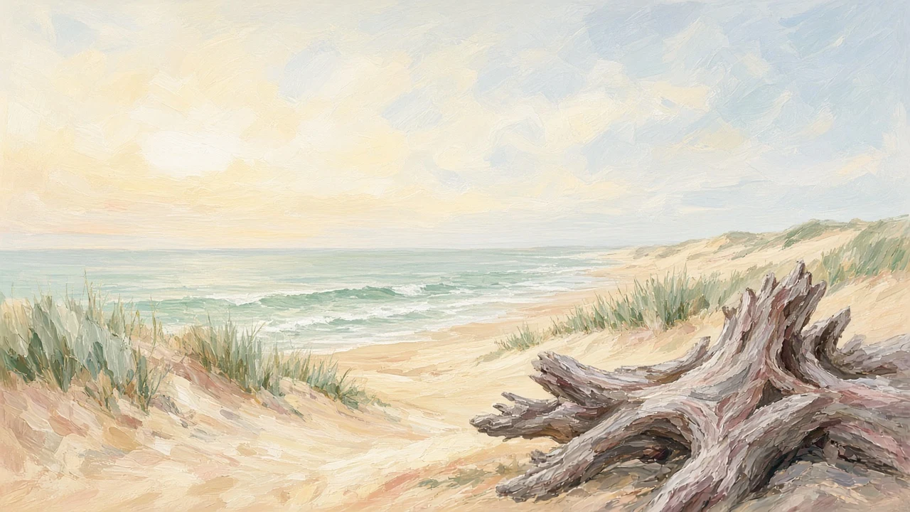 Sunlit Driftwood on Sandy Shore in Scumbled Acrylic