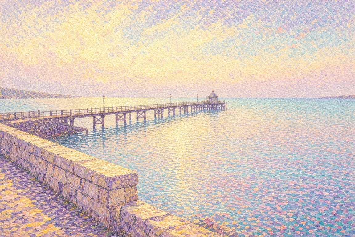 Pastel Promenade with Distant Pier in Neo-Impressionist Dabs