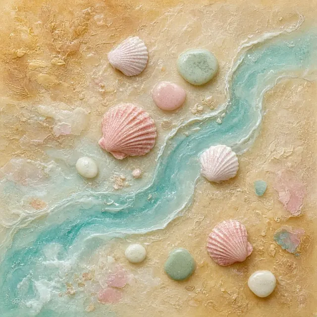 Encaustic Wax Beach with Iridescent Seashells and Shallow Waters